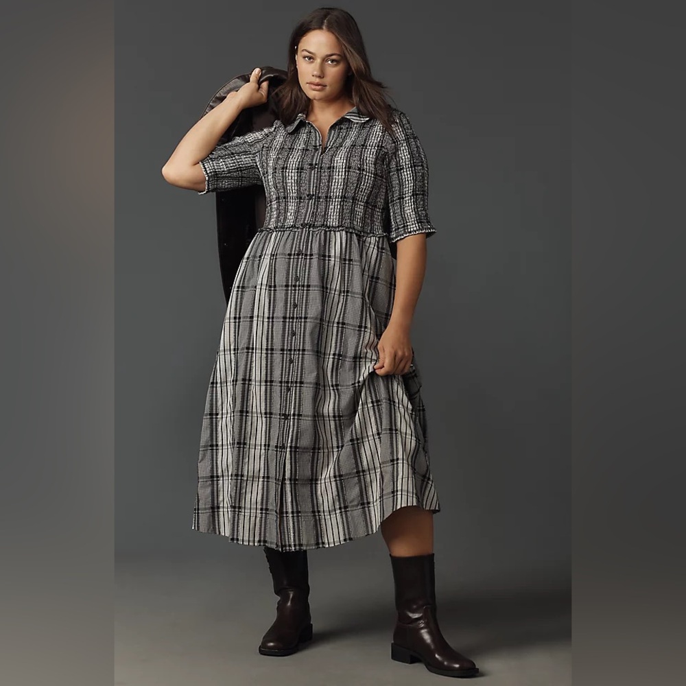 Anthropologie Maeve Short-Sleeve Smocked Midi Shirt Dress
